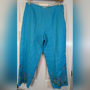 Allison Taylor Women's linen blue crop floral embroidered relax fit pant size 12